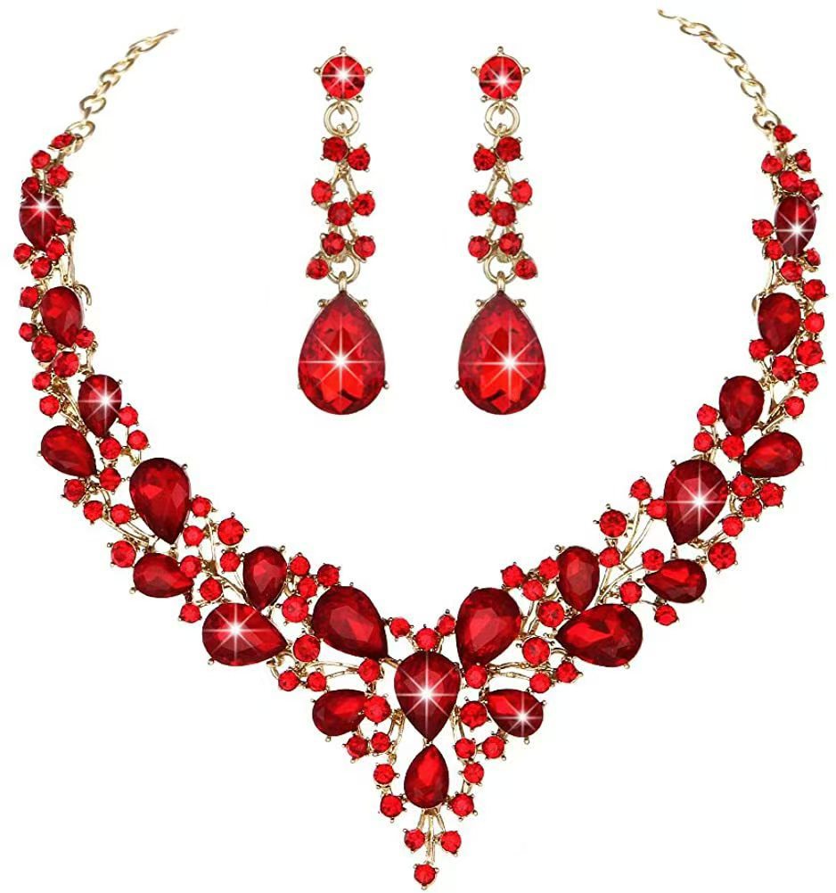 Elegant Waterdrop Floral Pattern Rhinestone Pendant Necklace Earrings Bracelet Set for Women with Alloy Base and Plated Finish