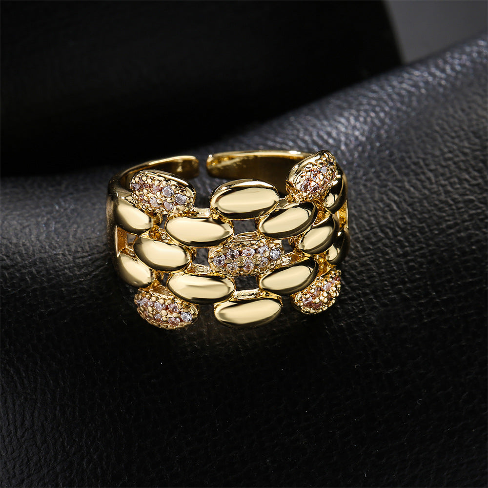 Minimalist Geometric 18K Gold Plated Brass Ring with Micro-inlaid Cubic Zirconia for Women
