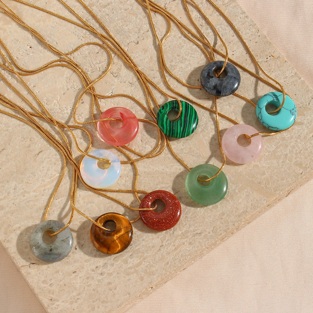 Minimalist Geometric Round Natural Stone Pendant Necklace in Stainless Steel with Plating Finish for Women