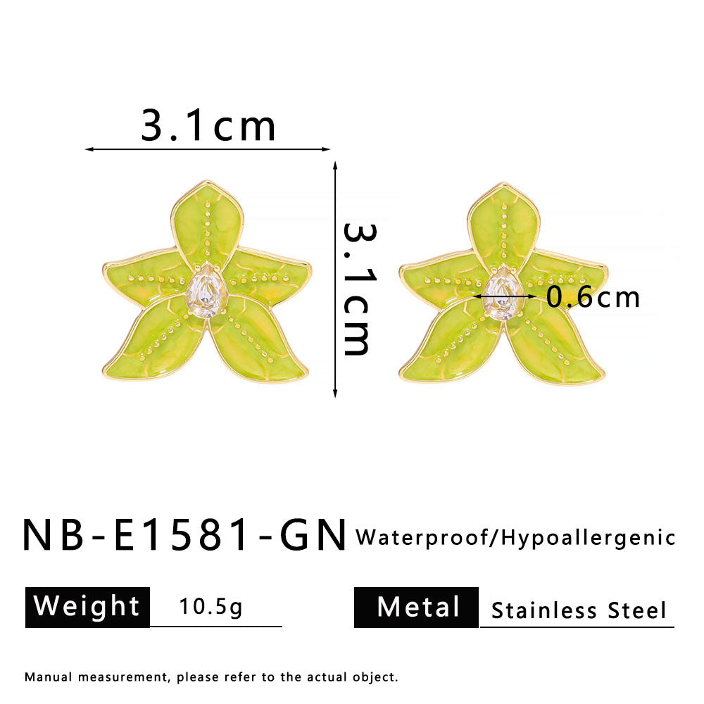 Geometric Style Five-Petal Flower-Shaped Stainless Steel Earrings with Enamel Coloring and Rhinestone Inlay for Women
