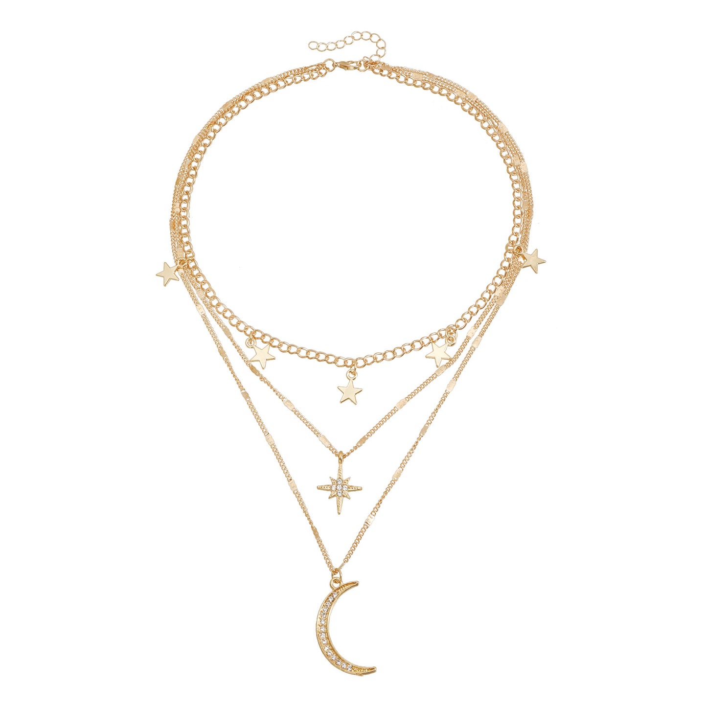 Vintage Rhinestone Inlaid Heart Moon Star Geometric Alloy Necklace for Women