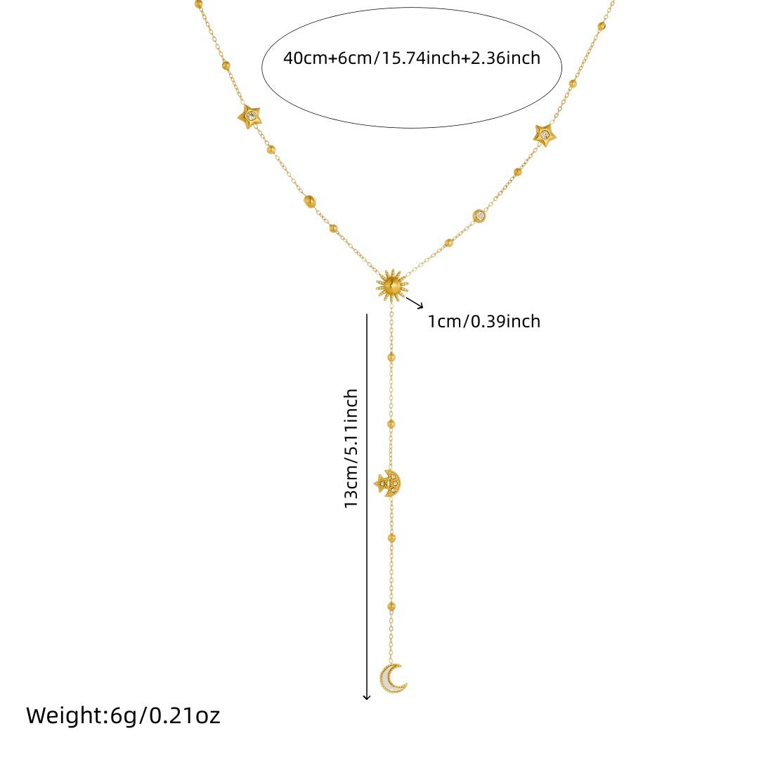 Minimalist Rhinestone Inlaid Stainless Steel Star Moon Sun Pendant Y-Chain Tassel Necklace for Women