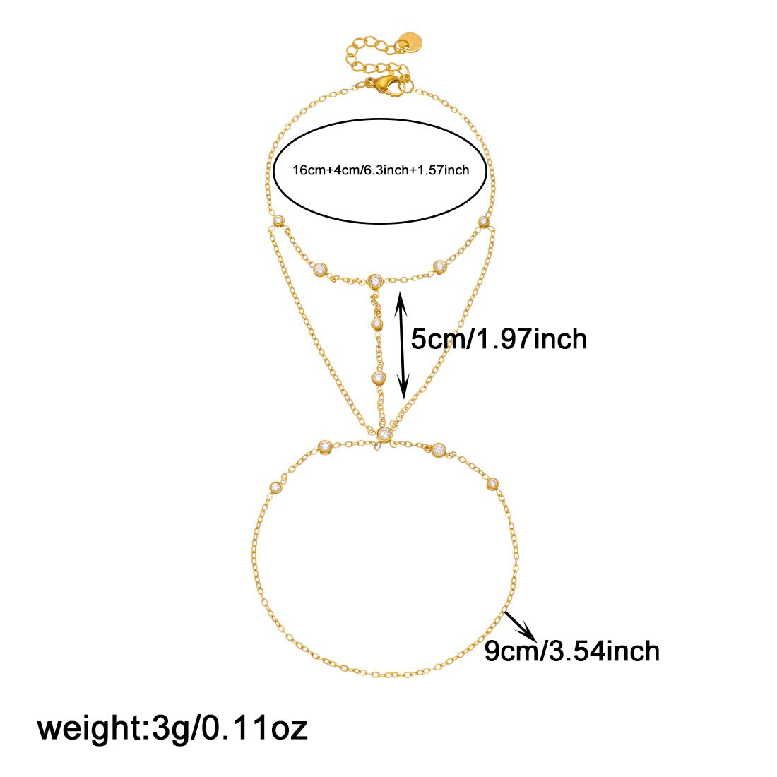 Minimalist Elegant Gold Plated Stainless Steel Rhinestone Chain Hand Chain Ring