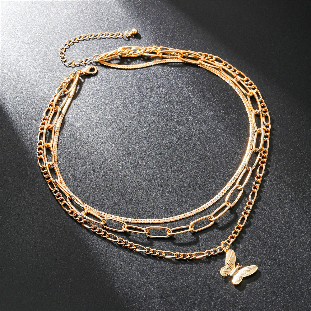 Gold Plated Alloy Butterfly Pendant Necklace with Cable Chain for Women