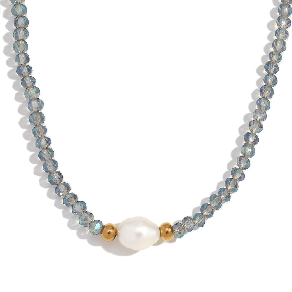 Collar con colgante vintage minimalista geométrico de acero inoxidable con perlas de agua dulce y cuentas de cristal oscuro para mujer