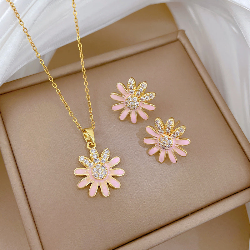Sweet Minimalist Drip Oil Sunflower Moon Rhinestone Titanium Steel Necklace Set for Unisex