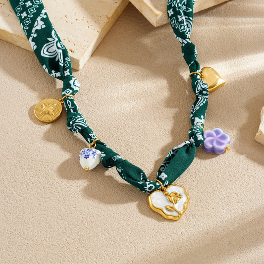 Bohemian Ethnic Vintage Gold Plated Drip Oil Floral Heart Stainless Steel Rope Chain Necklace for Women
