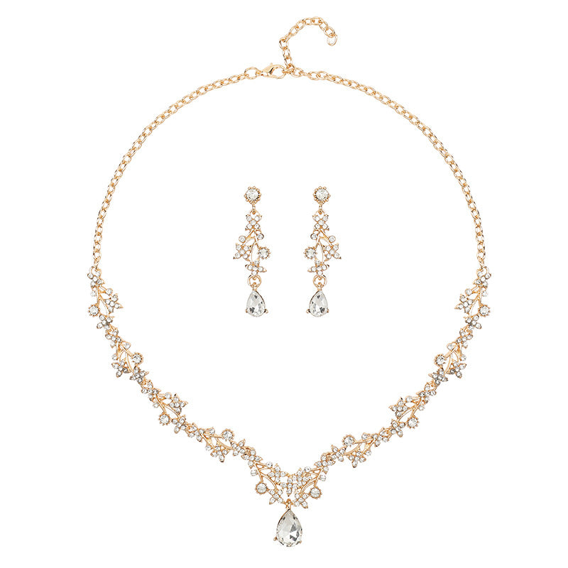 Sweet Fresh Alloy Drop Pendant Necklace Set with Floral Pattern and Rhinestone Accents for Women