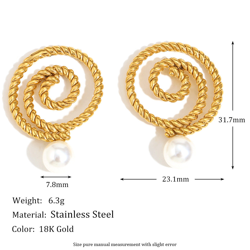 Fashionable Floral Frame Circle Pearl Stud Earrings for Women in Stainless Steel with 18K Gold Plating