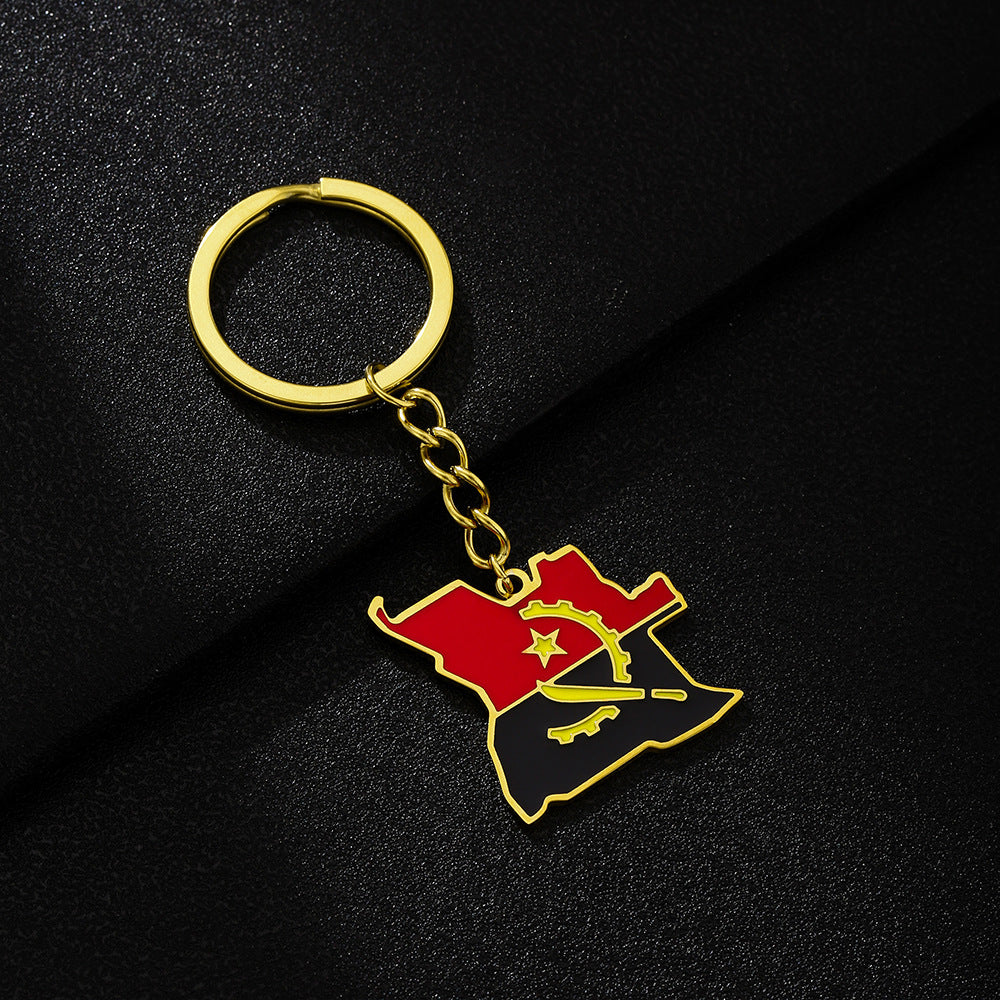 Llavero con el mapa de Angola y la bandera de esmalte en acero inoxidable para hombres y mujeres, accesorio de estilo étnico