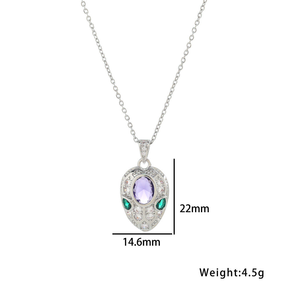 Parure di lusso con collana, orecchini e anello a forma di serpente in acciaio al titanio, con zirconi e pendente in ametista, placcatura sottovuoto ipoallergenica, design a catena a O