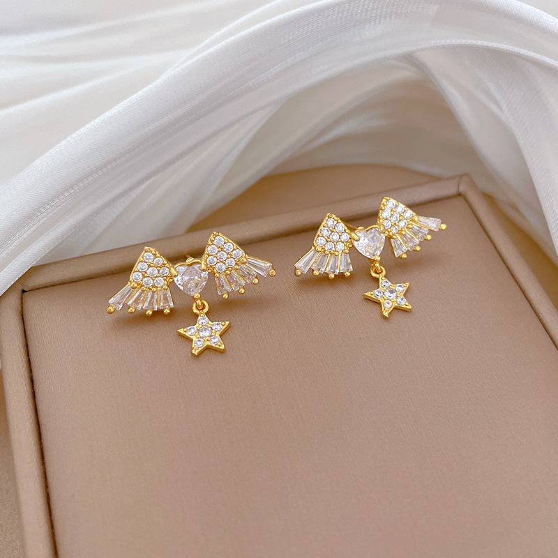 Parure Lusso Collana Pendente e Orecchini in Acciaio al Titanio con Ali a Stella e Intarsio di Strass per Eventi Formali da Donna
