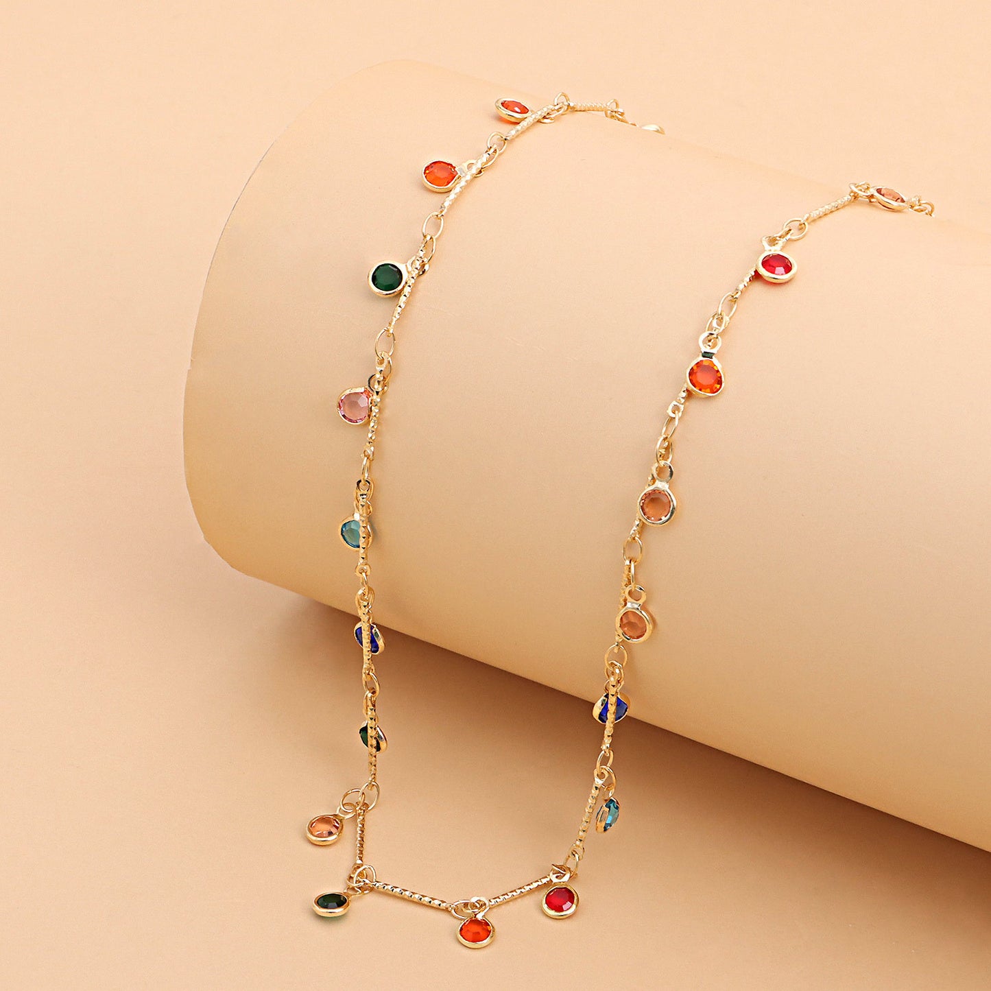 Geometric Crystal Accent Colorful Pendant Necklace for Women in Alloy with Bamboo Chain