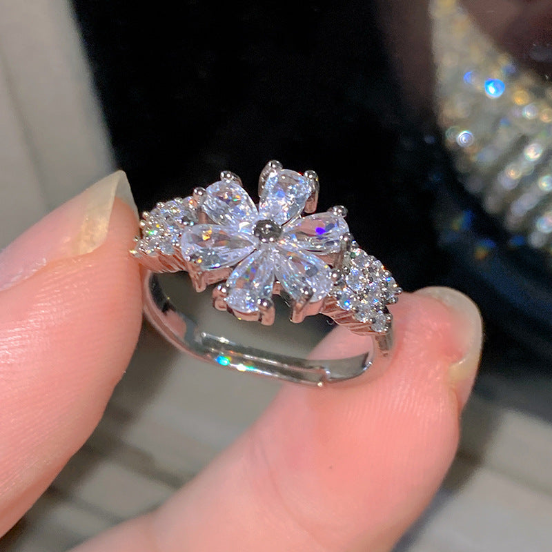 Sweet Elegant Heart Butterfly Brass Ring with Cubic Zirconia Handmade Adjustable