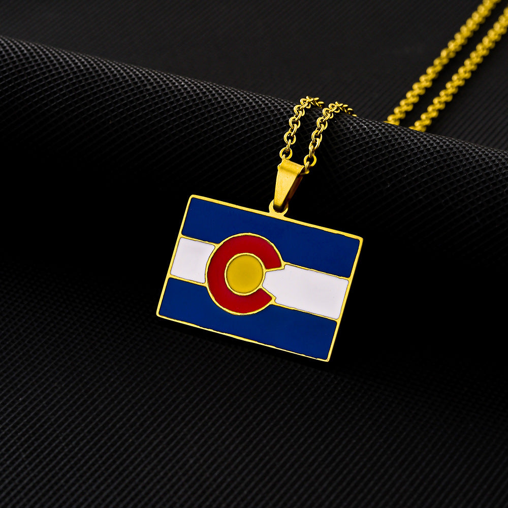 Collar con colgante de la bandera del estado de Colorado, geométrico étnico vintage, de acero inoxidable con acabado esmaltado, con cadena de eslabones, unisex