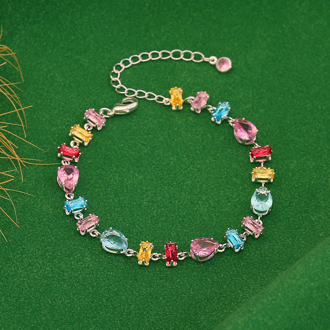 Minimalist Geometric Candy-Colored Zircon Crystal Bracelet for Women in Copper with Micro-Pavé Setting