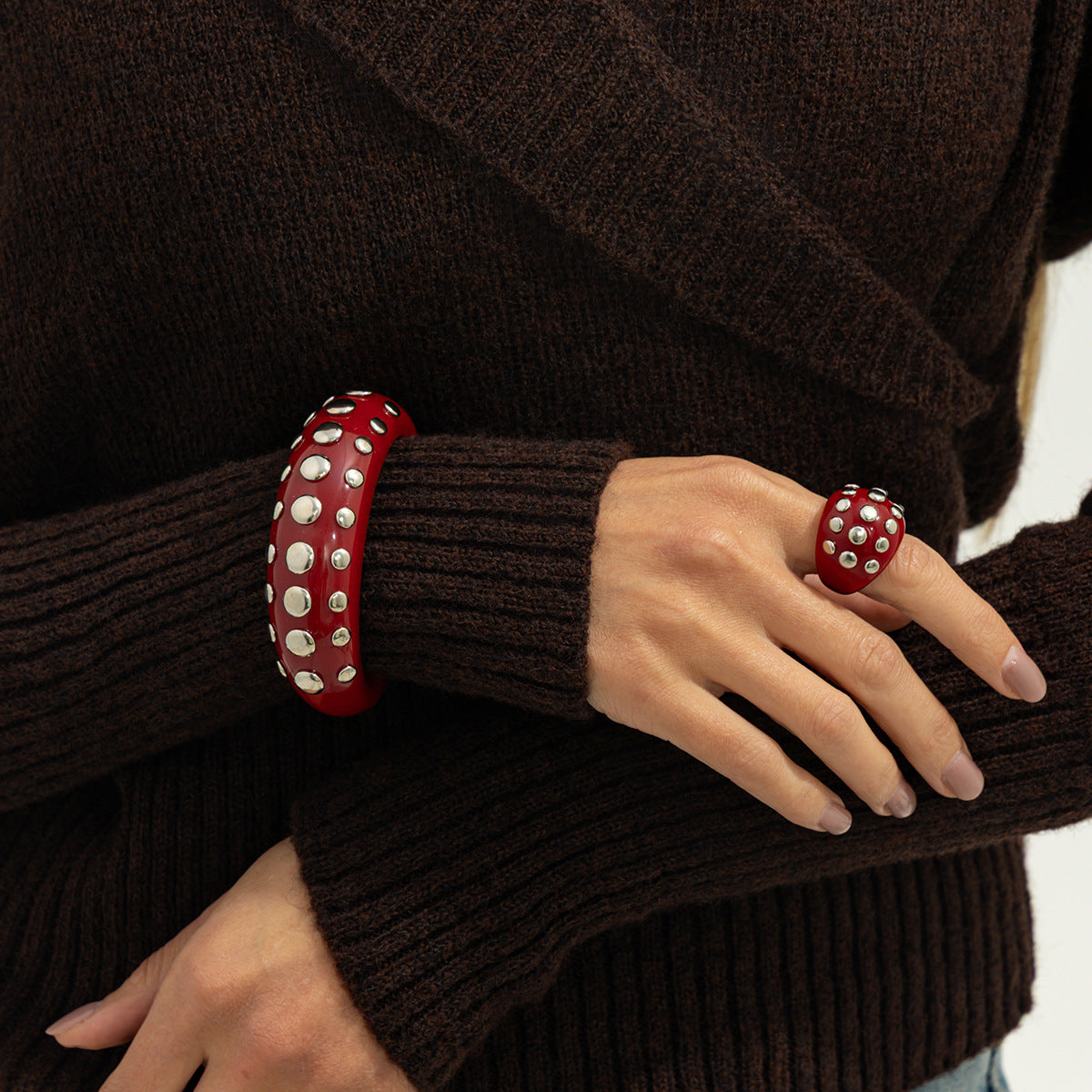 Vintage Gradient Round Resin Plated Rhinestone Cuff Bracelet Set