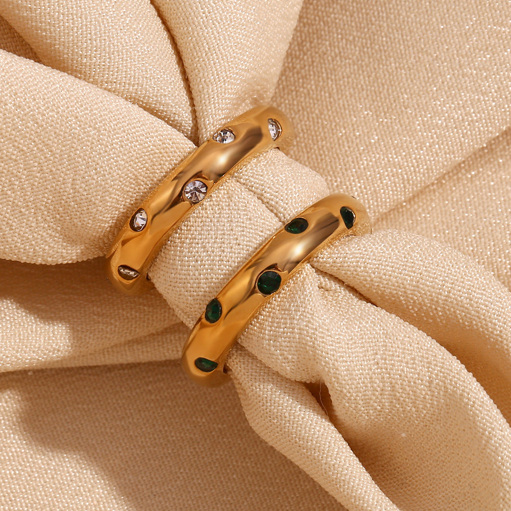Minimalist Geometric Stainless Steel Ring with 18K Gold Plating and Micro-Pavé Round Rhinestones for Women