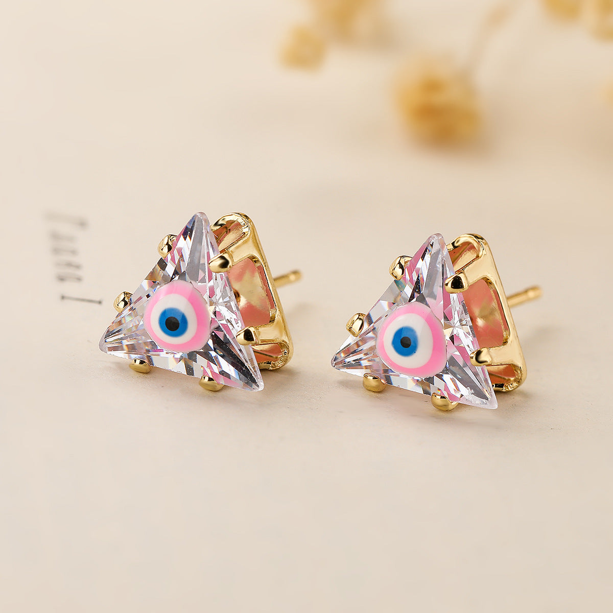 Minimalist Geometric Evil Eye Triangle Stud Earrings for Women in Brass with Micro-Pave Zirconia