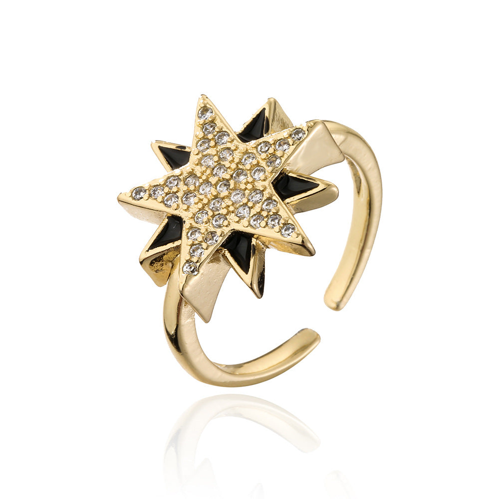 Cartoon Style Geometric Open Star Ring for Women in Copper with 18K Gold Plating and Cubic Zirconia Inlay