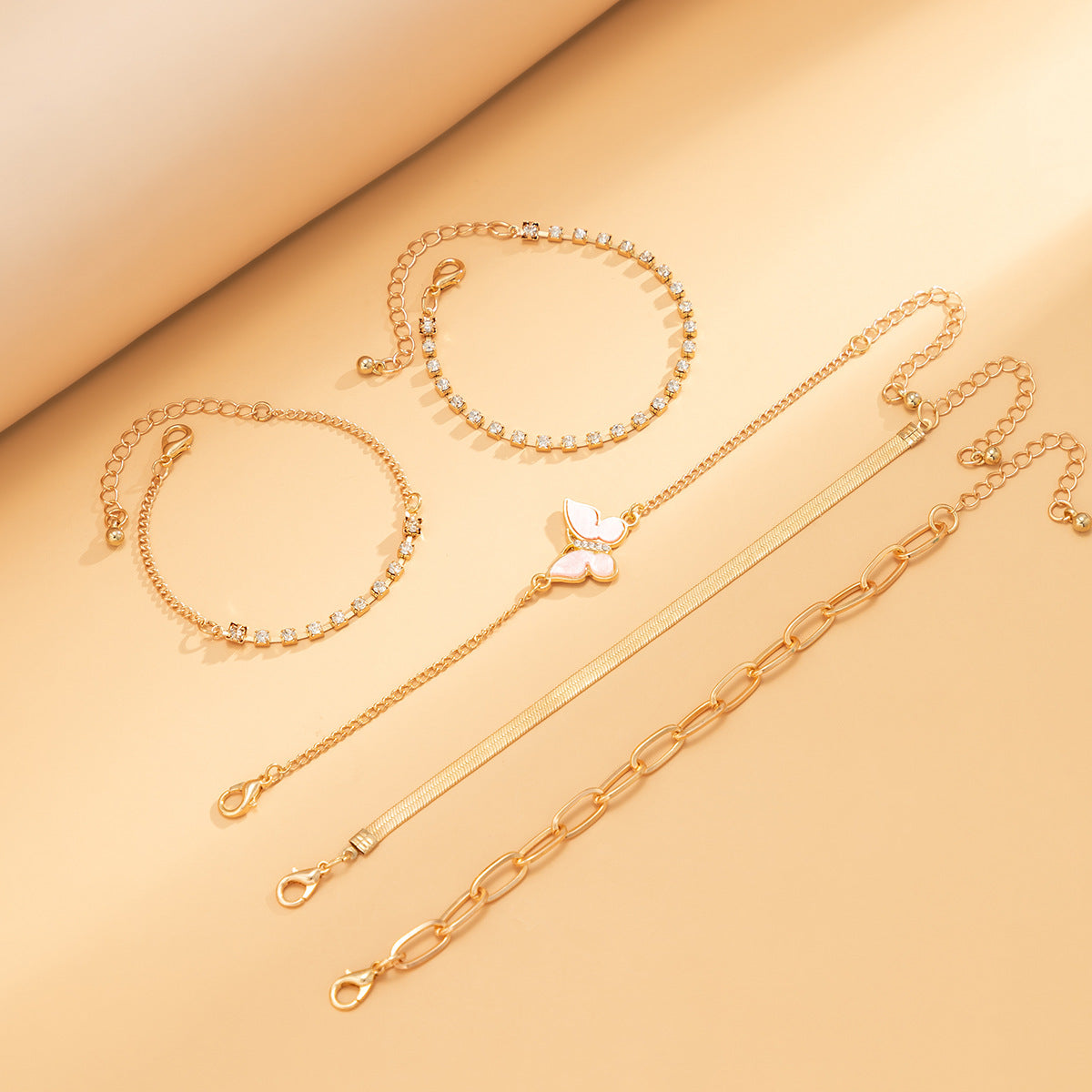 Punk Rhinestone Butterfly Snake Chain Bracelet Set Alloy Plated Jewelry for Women