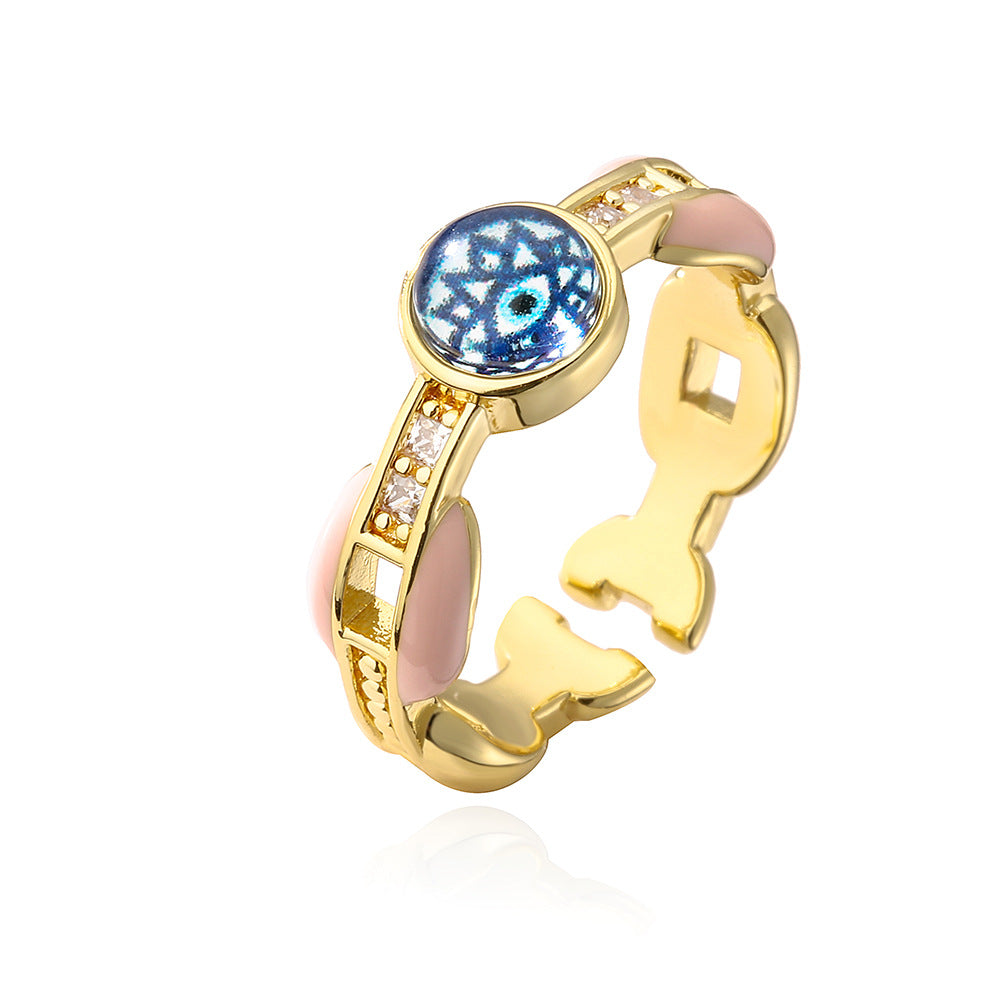 Minimalist Geometric Eye-Shaped Copper Ring with 18K Gold Plating and Enamel Finish for Women