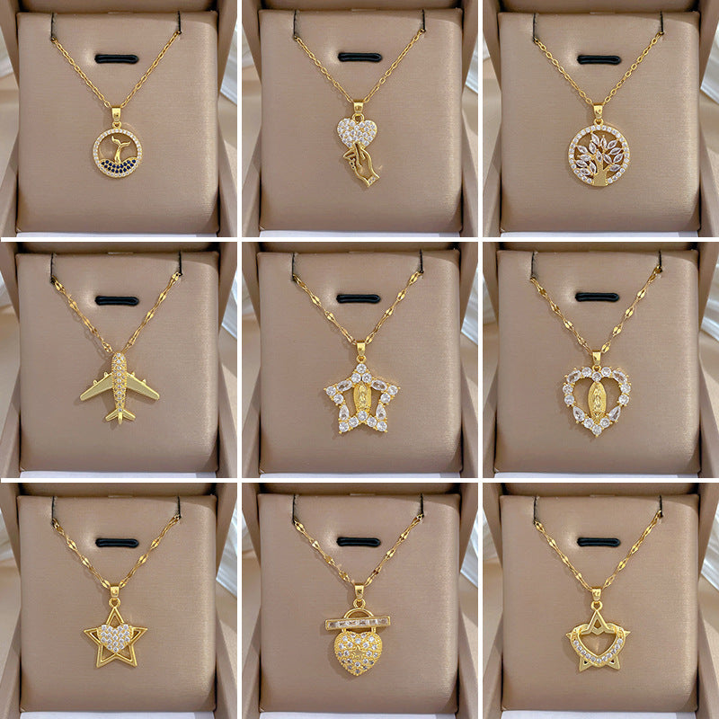 Collana di lusso in acciaio al titanio con cuore geometrico, strass e catena a labbra per donne e uomini