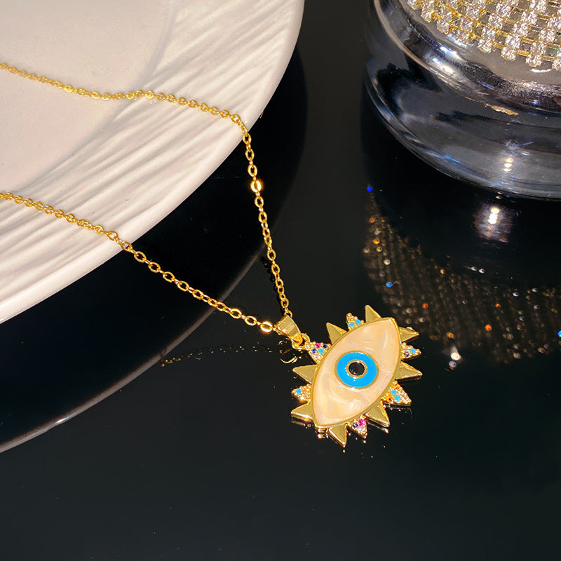 Sporty Sweet Evil Eye Floral Pendant Titanium Steel Necklace with Cable Chain