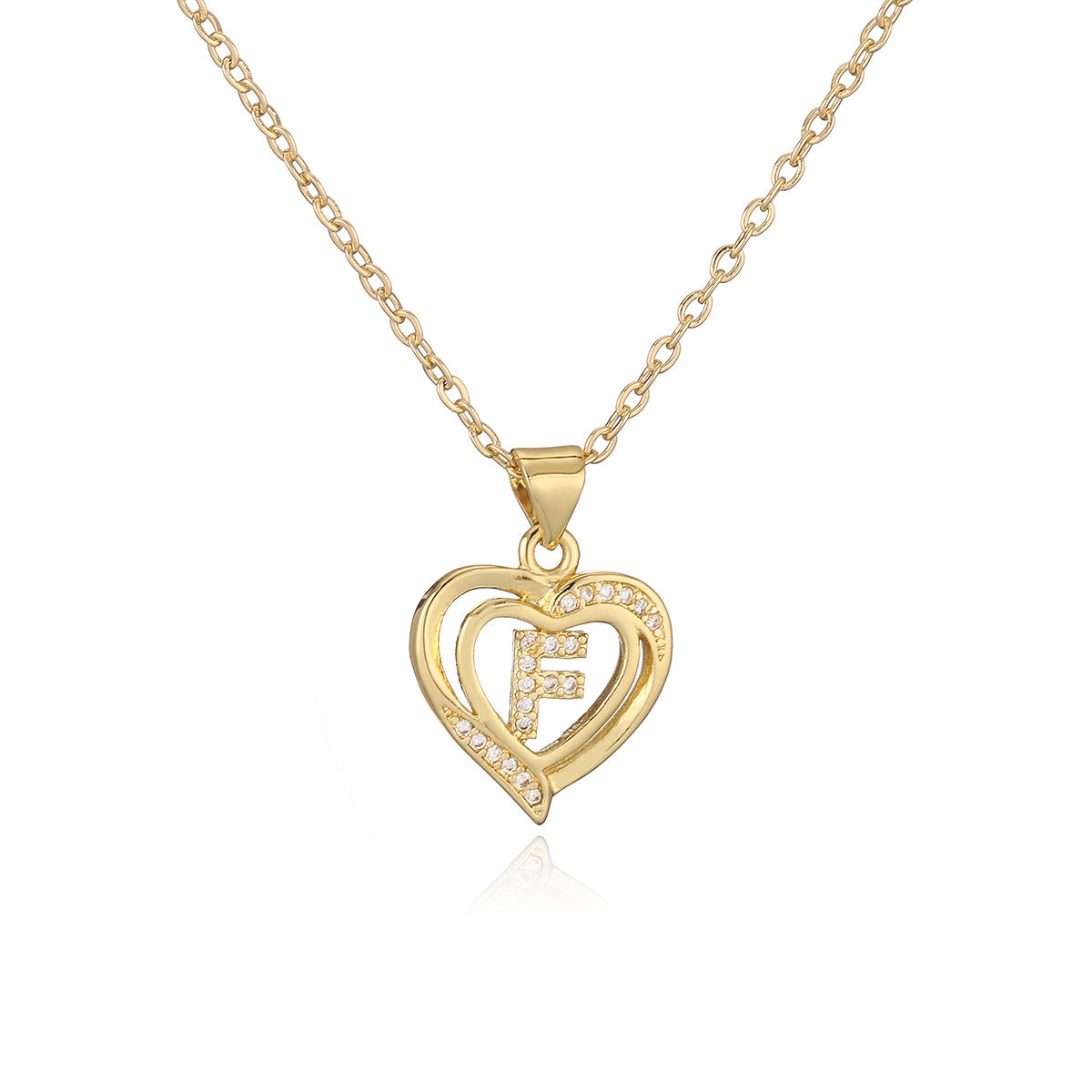 Collana con Pendente Minimalista in Rame, Placcatura in Oro 18K e Dettagli in Zircone a Forma di Cuore e Lettera per Donne