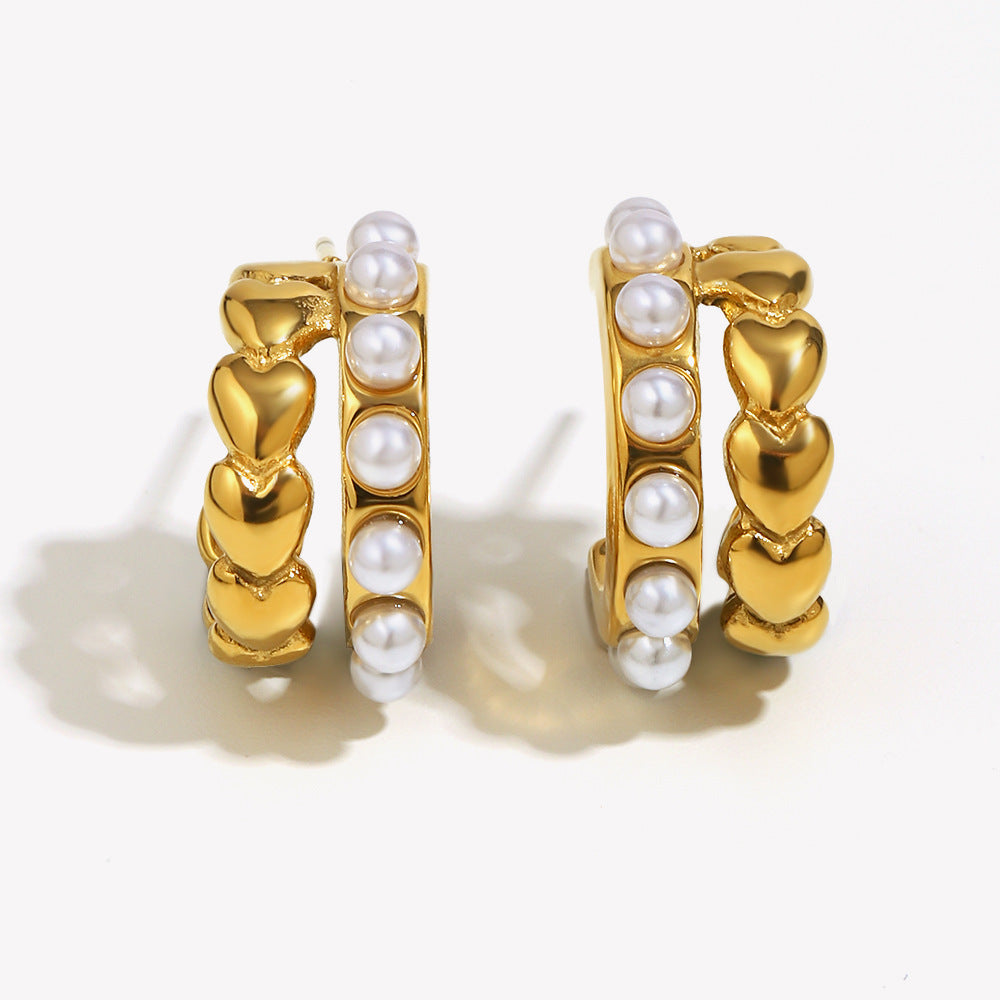 Minimalist Heart-Shaped Stainless Steel Earrings with 18K Gold Plating and Simulated Pearl Accents for Women