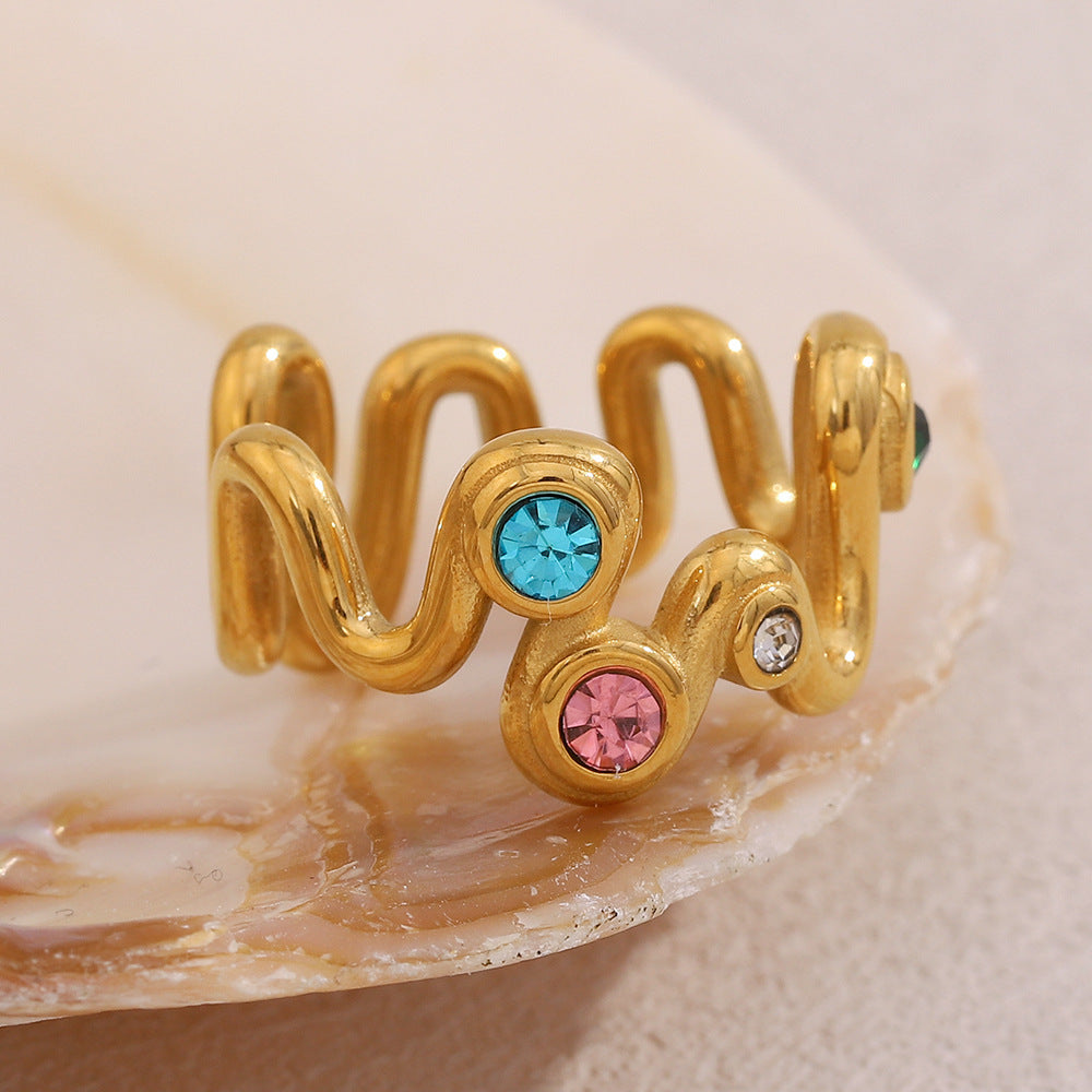 Elegant Wave-Shaped Geometric Stainless Steel Ring with 18K Gold Plating and Colorful Rhinestone Inlay for Women