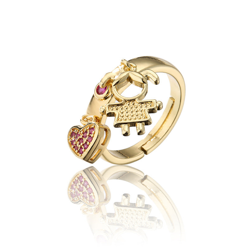 Sweet Cartoon Heart Geometric Micro-Inlaid Cubic Zirconia 18K Gold Plated Brass Ring for Women