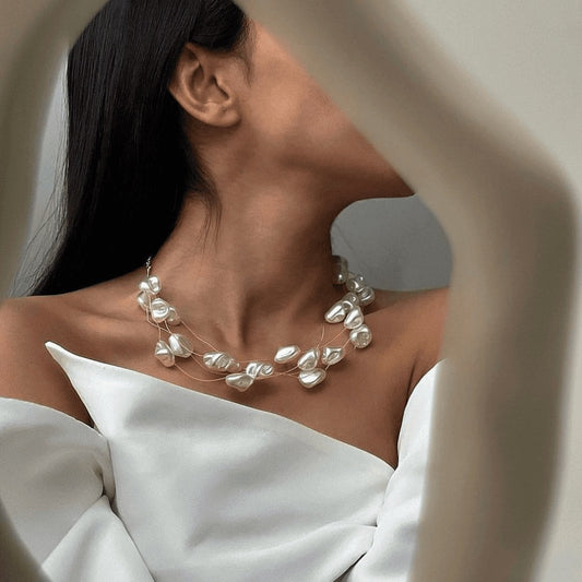 Baroque Vintage Minimalist Geometric Imitation Pearl Plated Necklace for Women