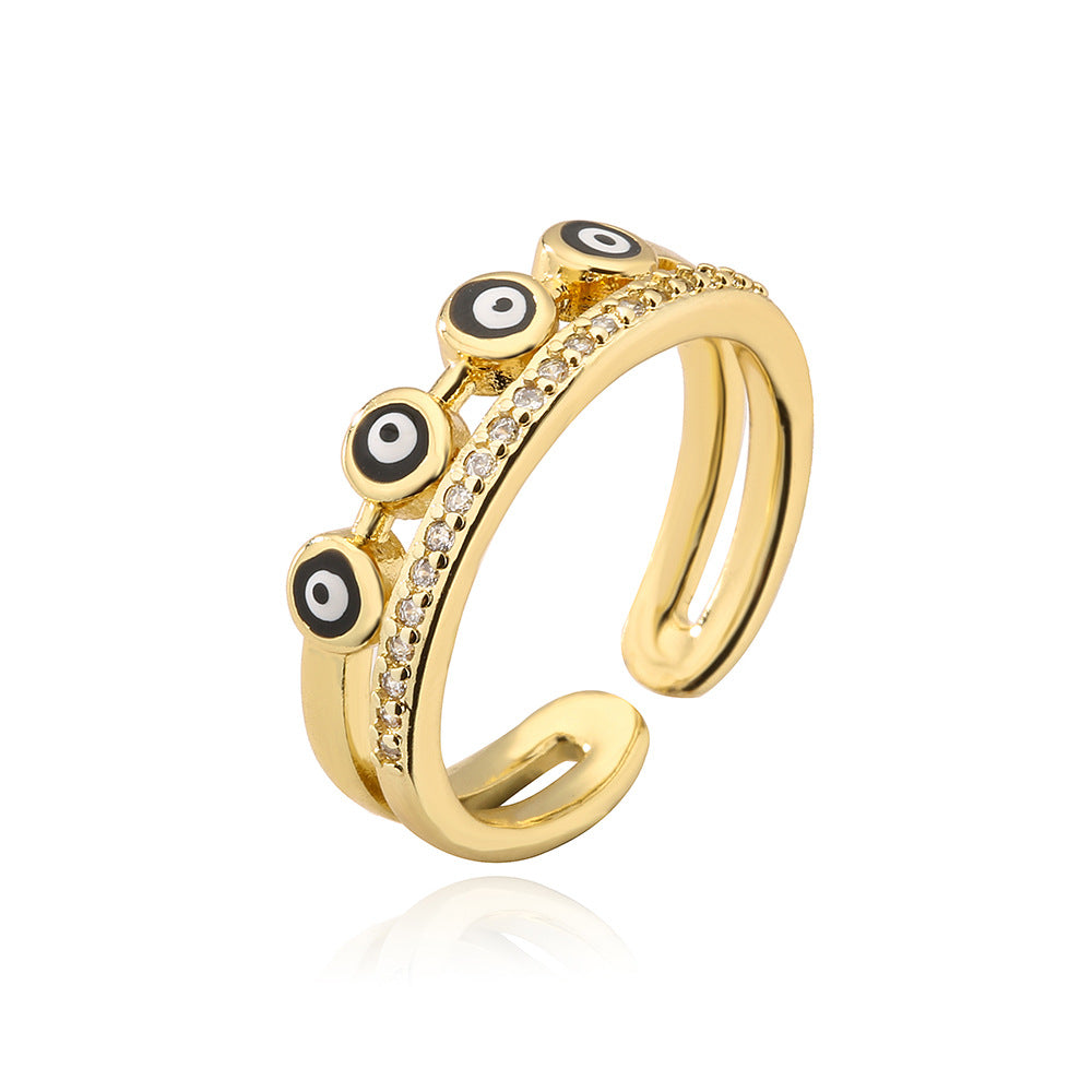 Geometric Open Eye Ring for Women with Copper Base Plated in 18K Gold and Enamel Finish Featuring Evil Eye Design