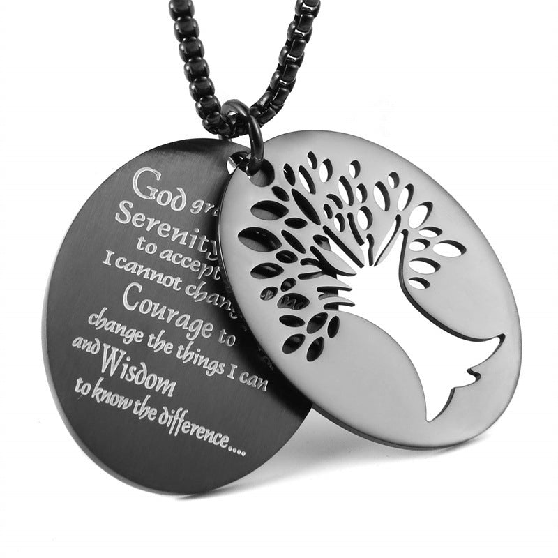 Natural Style Oval Double-Layer Stainless Steel Necklace with Polished Titanium Steel Prayer Pendant
