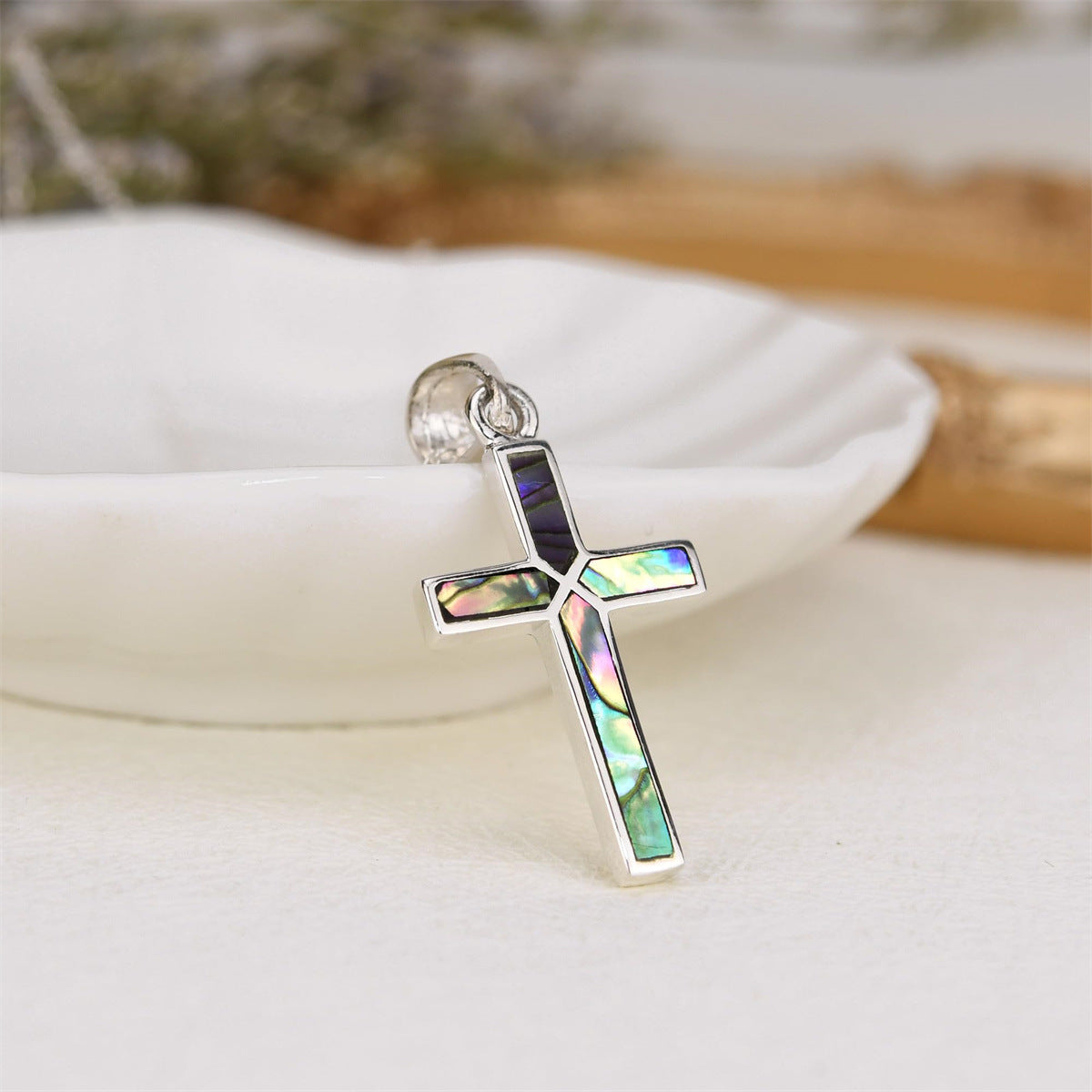 Natural Style Rainbow-Colored Cross Pendant Necklace in Stainless Steel with Abalone Shell Inlay for Women