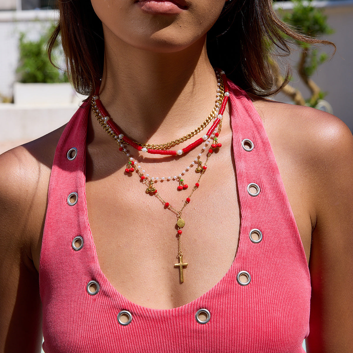 Collana con pendente a croce minimalista da donna in acciaio al titanio placcato, su catena a Y