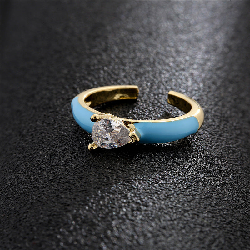 18K Gold Plated Brass Teardrop Geometric Ring with Cubic Zirconia and Drip Oil for Women