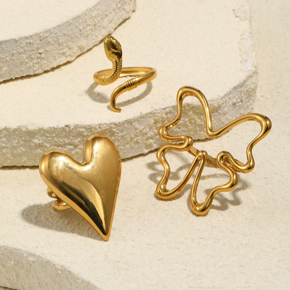 Anello Minimalista a Cuore in Acciaio Inossidabile con Placcatura in Oro 18K, Sottile Fascia a Serpente, Anello Aperto Regolabile da Donna