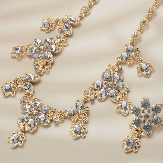 Sweet Geometric Alloy Necklace and Earring Set with Cubic Zirconia and Crystal Inlay for Women Wedding Bridal Jewelry