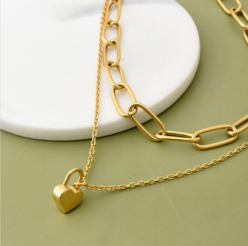 Minimalist Double Layer Heart-Shaped Titanium Steel Pendant Necklace with Plated Finish