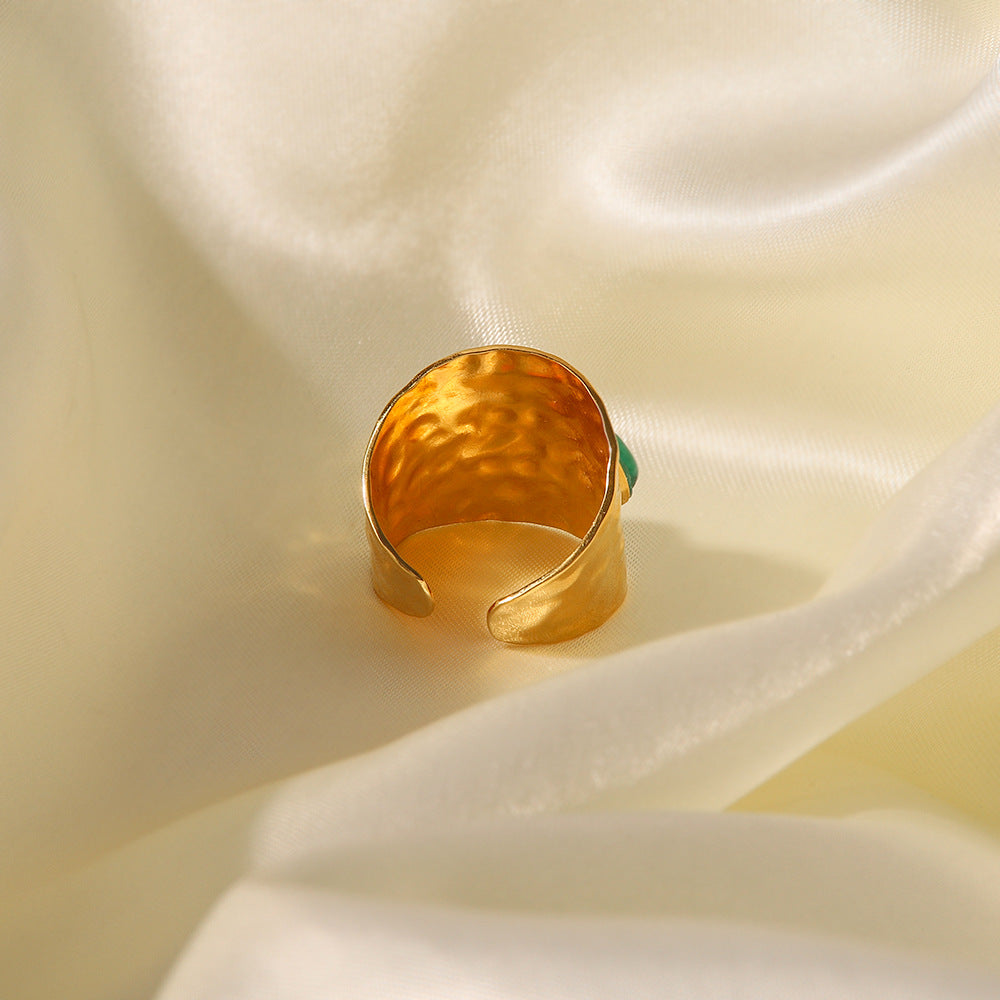 Minimalist French-Inspired Titanium Steel Ring with Three Irregular Green Natural Stones for Women