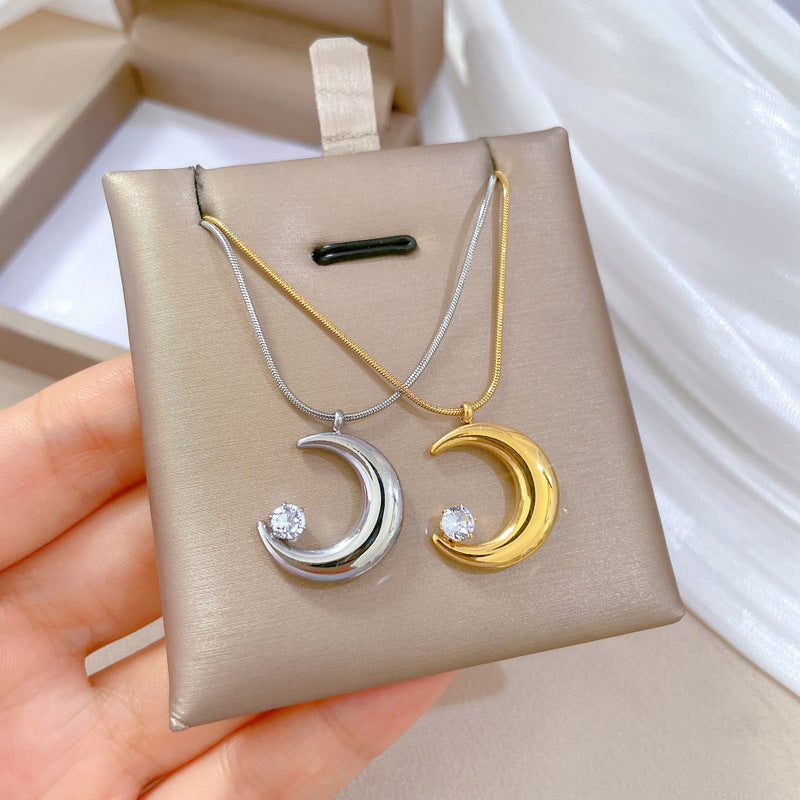 Minimalist Moon-Shaped Titanium Steel Necklace with Zircon Inlay for Women Fashionable Clavicle Chain
