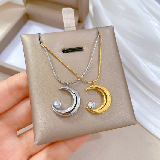 Collar minimalista de acero de titanio con forma de luna e incrustaciones de circonitas para mujer, cadena de clavícula de moda