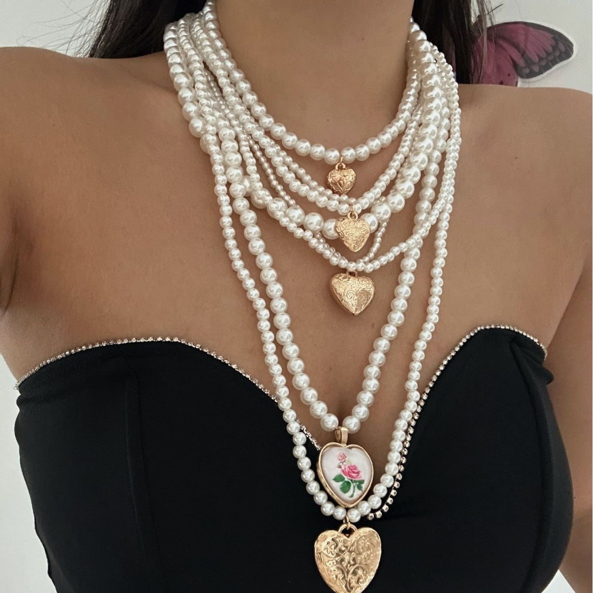 Vintage Bohemian Hip-hop Heart Floral Geometric Alloy Plated Imitation Pearl Layered Necklace for Women