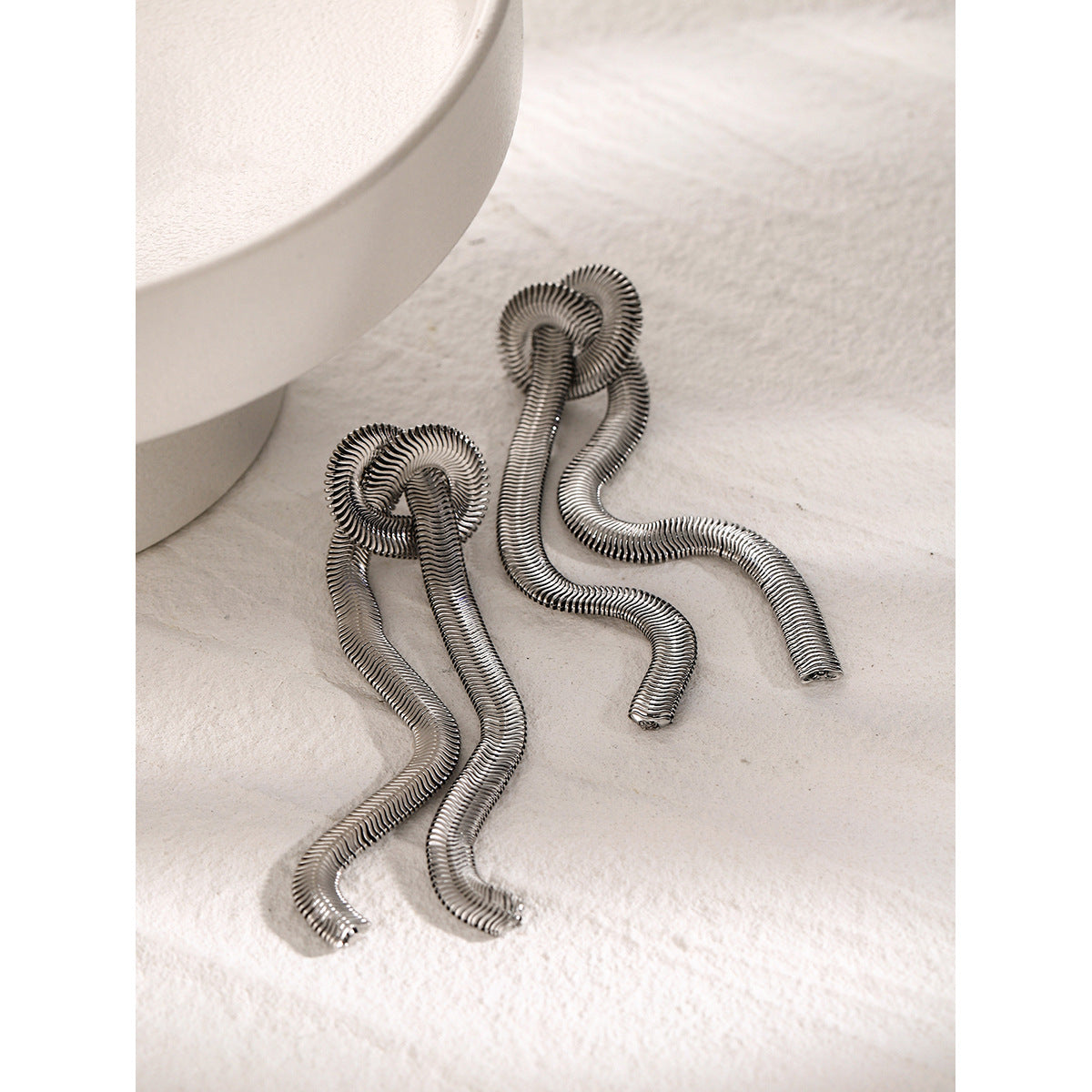 INS Style Irregular Tassel Earrings in Stainless Steel with Gold Plating and White Gold Tone Line Texture