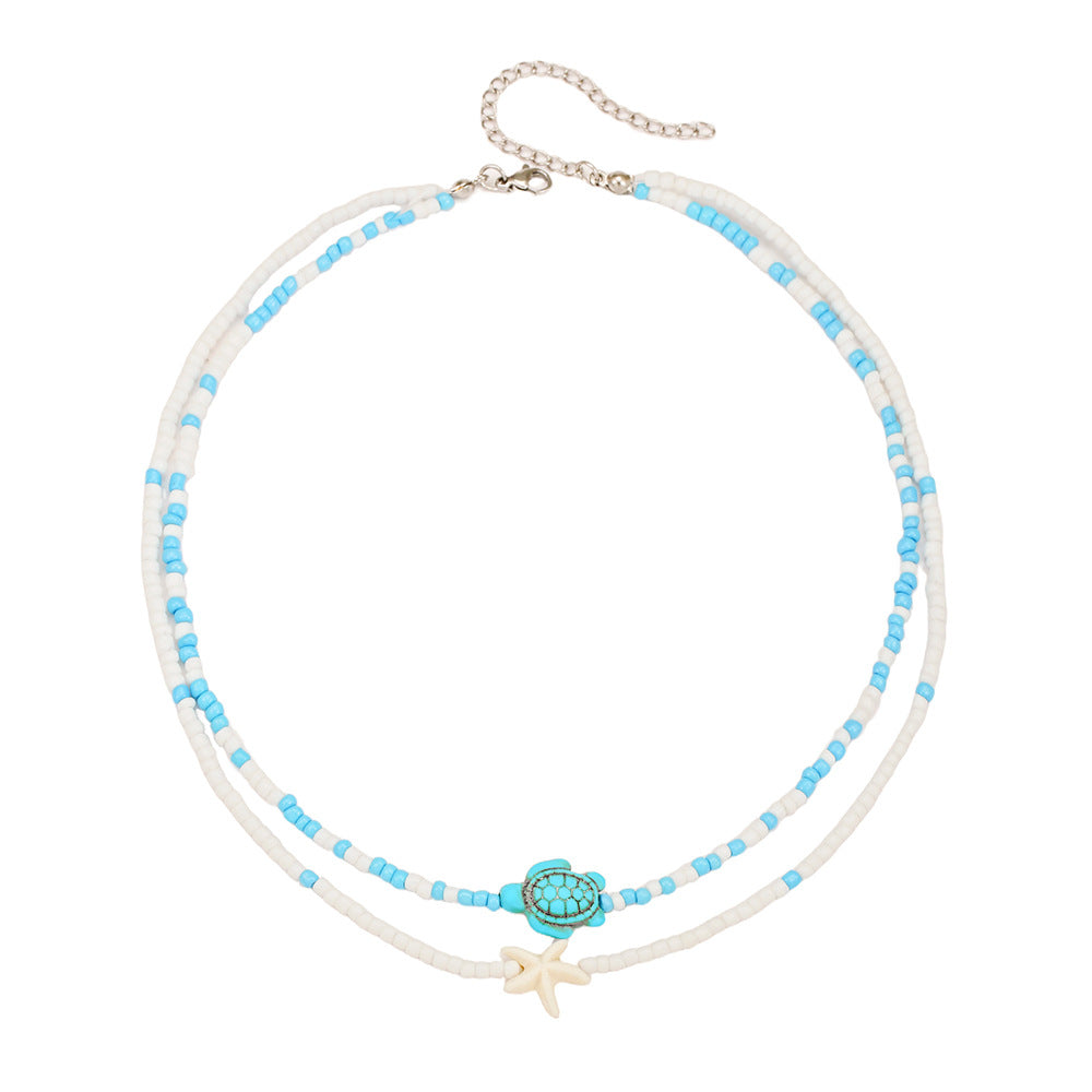 Geometric Round Stainless Steel and Resin Necklace with Starfish Shell Turtle Charms Cable Chain Unisex