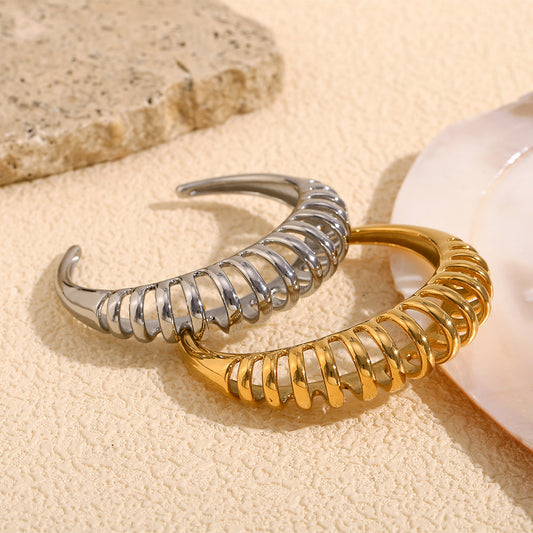 Minimalist Wave-Shape Stainless Steel Plated 18K Gold Hollow Bangle for Women