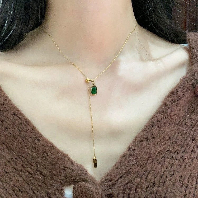 Minimalist Elegant Letter Teardrop Titanium Steel Plated Necklace with Emerald Cubic Zirconia and Tassel Chain for Women