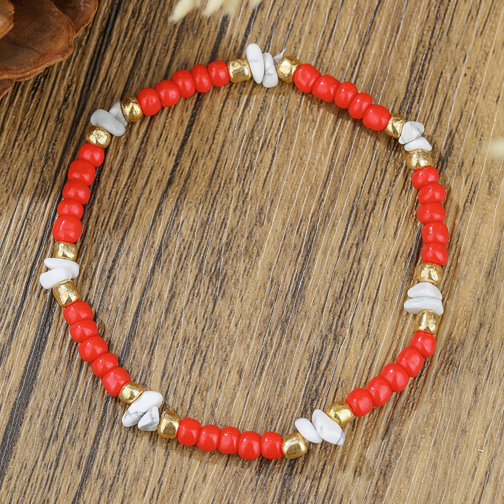 Fashion Geometric Glass Bead Handmade Bracelet with Red Cord and Gold Beads for Unisex